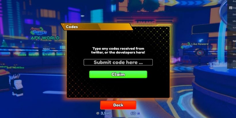 Anime Switch code redemption interface