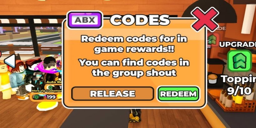 Window where you can redeem codes for Coffee Shop Tycoon