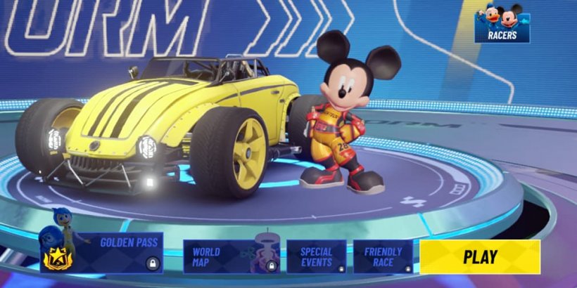 Mickey Mouse next to his yellow cart