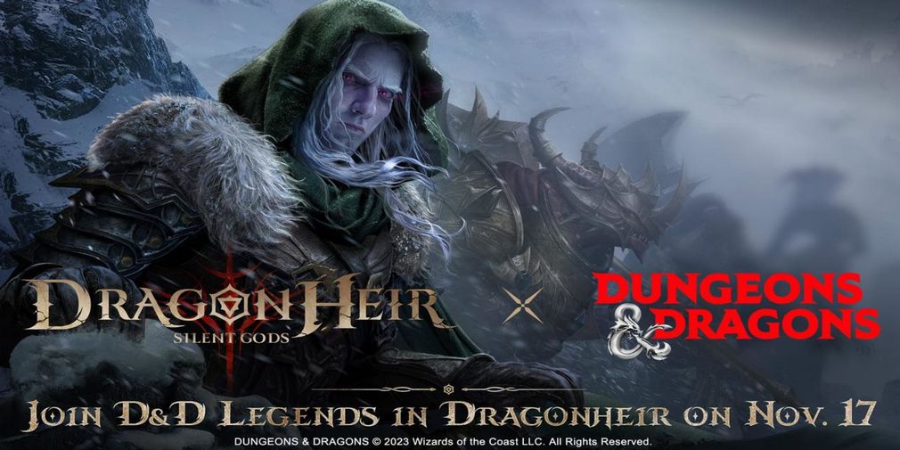 Artwork of Dragonheir x Dungeons&Dragons with a caped Drizzt in the background