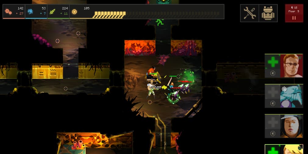 Team of four characters running through Dungeon of the Endless: Apogee