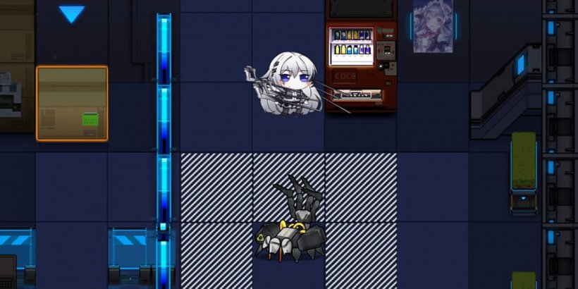 White haired chibi woman approaching a monster inside a mostly blue room