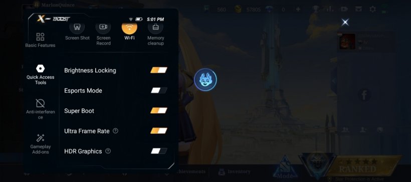 Xarena mini menu accessible during a game