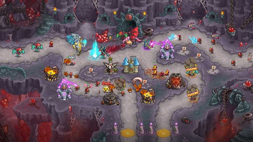 Numerous enemies battling their way through the player's turrets through the mines