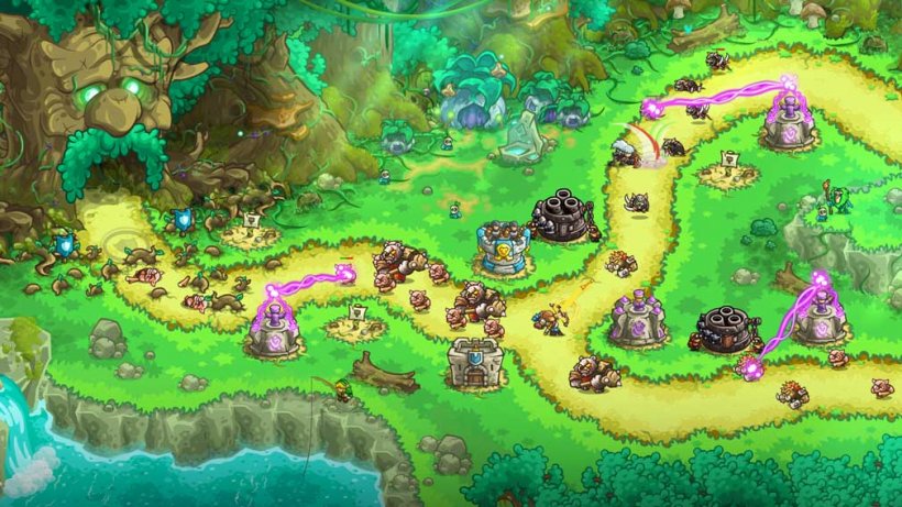 Various enemies in Kingdom Rush 5: Alliance storming towards a tree