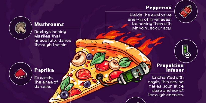 Pizza Hero tasks you with surviving swarms of foes as a delicious pizza with customisable toppings