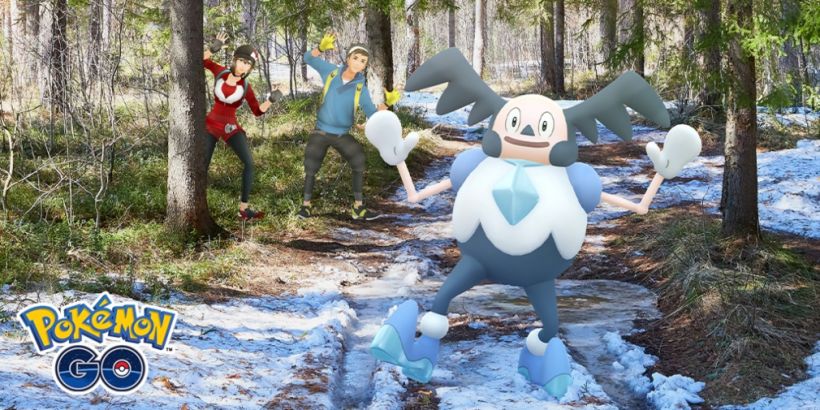 Snowy forest with 3 characters from Pokemon Go