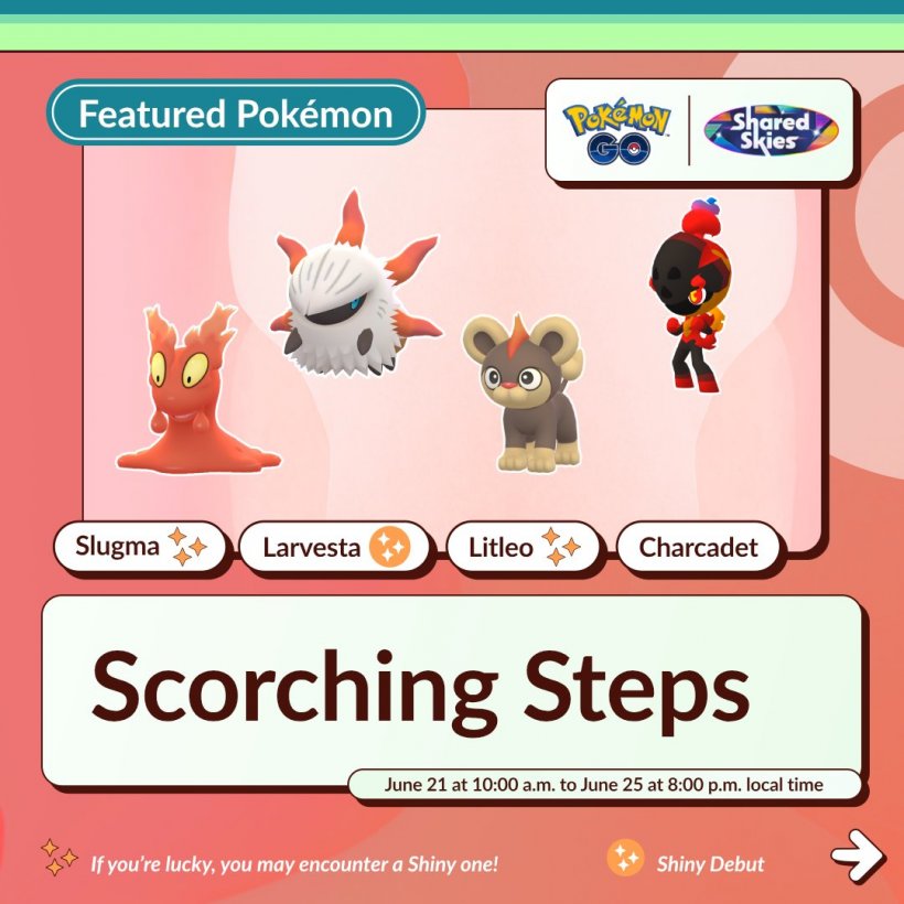 infographic with pokemon being featured during the scorching steps event