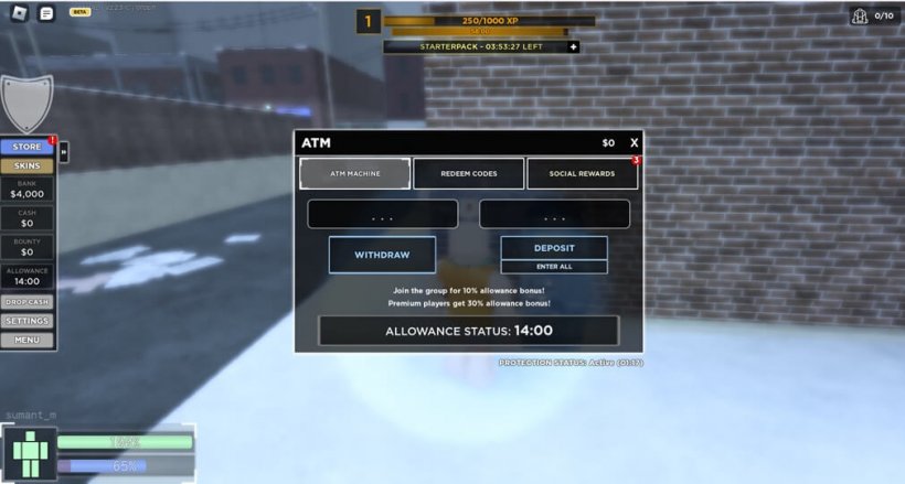 ATM in Criminality showing where you can enter redeem codes