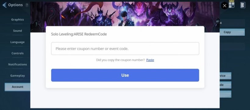 Solo Leveling: Arise redeem code menu in the game