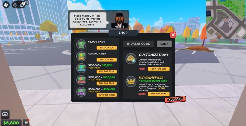 Shop in Taxi Boss where you can redeem codes