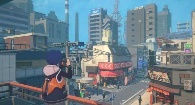 Image of a city in the game Zenless Zone Zero. A kid with a camera appears to be taking photos of the scenery.